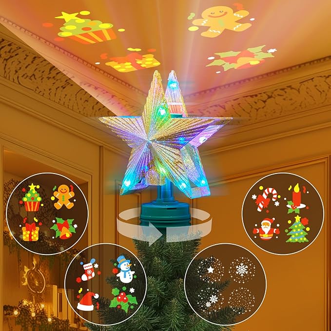 Christmas Star Tree Topper with 4 Projection Modes, Rotating 7 Color Gradient Tree Topper with Built-in LED Rotating Lights, Tree Top with Golden Spangles Plated Plug in for Christmas Decorations