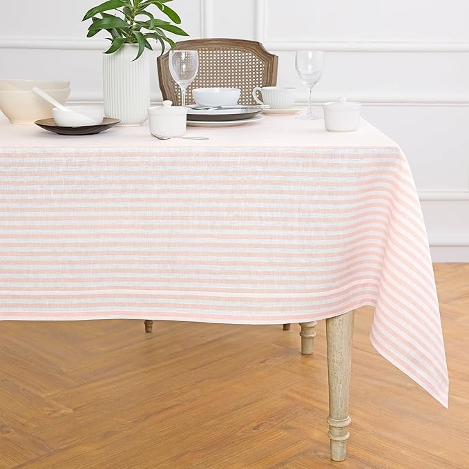 Solino Home Linen Striped Tablecloth 60 x 120 Inch - 100% Pure Linen Coral and White Table Cloth for Rectangle Tables - Amalfi Stripe, Machine Washable Tablecloth