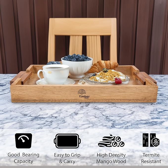 Mango Acacia Wood Serving Trays with Handles – Set of 2 Large Decorative Wooden Trays for Breakfast in Bed, Dinner, Snacks, Coffee Table, Ottoman, Couch & Patio Party – (16x10x1.75 & 8x12x1.75) Inches