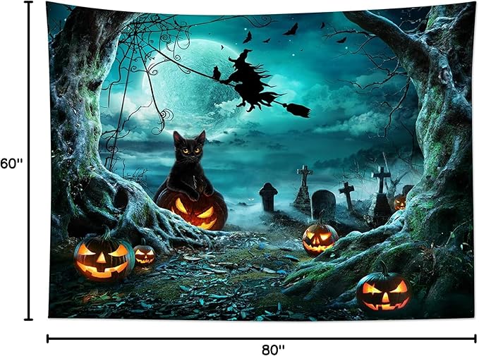 LB Halloween Tapestry Pumpkins Black Cat Dead Tree in Spooky Graveyard Full Moon Night with Witch Halloween Wall Hanging for Bedroom Living Room Dorm Decor 80x60 Inch