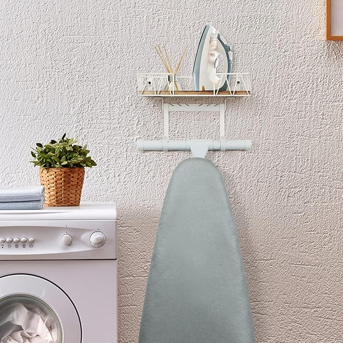 TJ.MOREE Ironing Board Hanger Wall Mount - Laundry Room Decor Iron and Ironing Board Holder with Large Storage Wooden Base Basket and Removable Hooks(T&V Shaped) Cream
