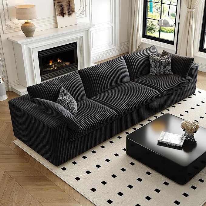 118" Cloud Couch Modular Sectional Sofa for Living Room,Modern Sofa with Deep Seat,3 Seater Boneless Couch,Comfy Upholstered Corduroy Couches for Apartment, Studio, Office,Bedroom,Black