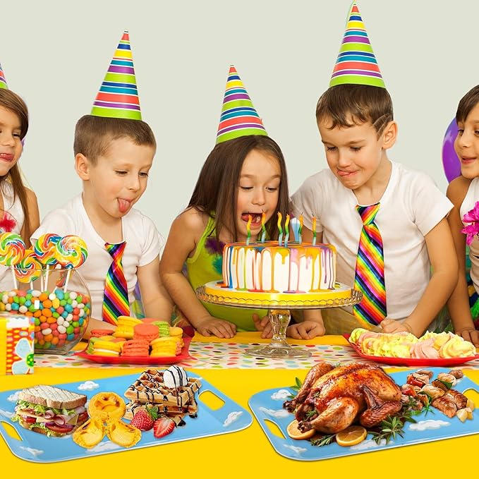 2Pcs Sky White Cloud Serving Trays with Handles 16 x 11 Inch Large Melamine Tray Cartoon Story Serving Platters, Toy Inspire Game Birthday Party Supplies for Serving Food Outdoor Dinner Dessert Plates