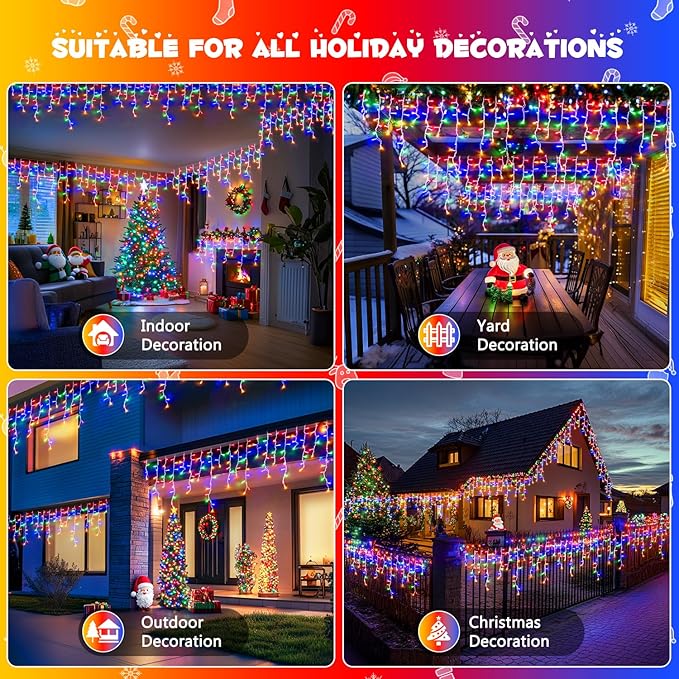 JMEXSUSS 400 LED 38.8Ft Icicle Christmas Lights With Remote - Outdoor Multicolor String Lights Plug in, 8 Mode for Outside Indoor House Yard Patio Eave Decorations