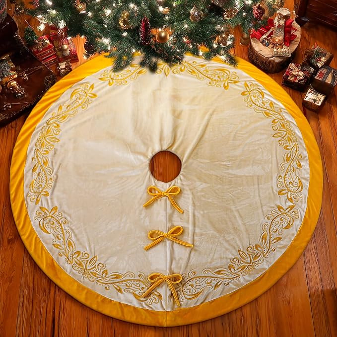 Luxury Velvet Christmas Tree Skirt 48 Inch Gold Victoria Embroidery Vintage Sparking Holly Tree Skirt for Holiday Party Rustic Xmas Decorations Home(White)