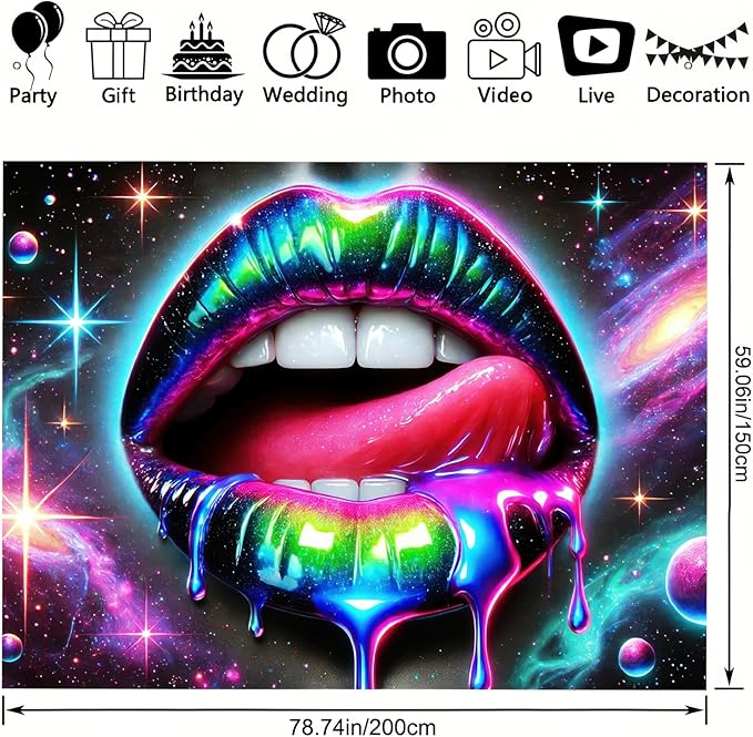 BlissYard Blacklight Tapestry UV Reactive Tapestry Wall Hanging 78x59 Inches Cosmic Rainbow Lips Wall Hanging, Fluorescent Art Decoration for Bedroom, Living Room, and Parties