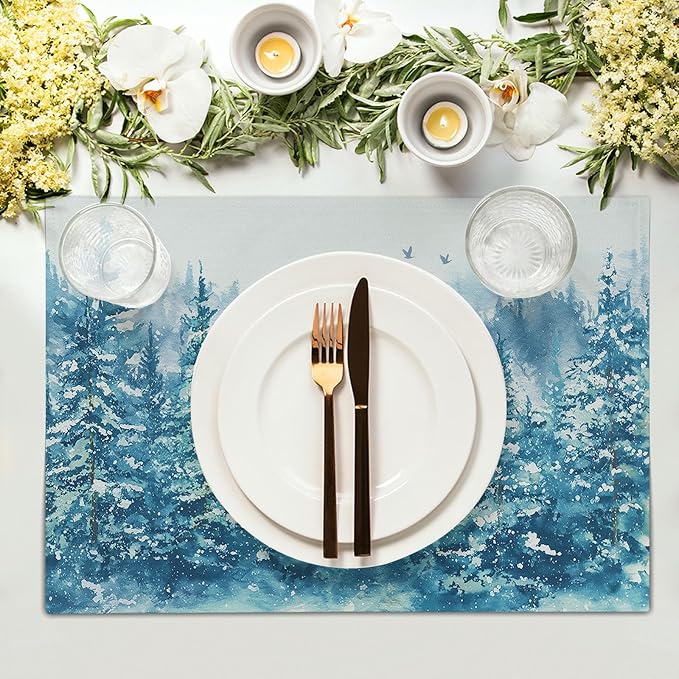 Blue Christmas Placemats Set of 4 Teal Winter Watercolor Tree Snow Theme Place Mats 12x18 Inch Xmas Holiday Washable Table Mats for Home Party Kitchen Dining
