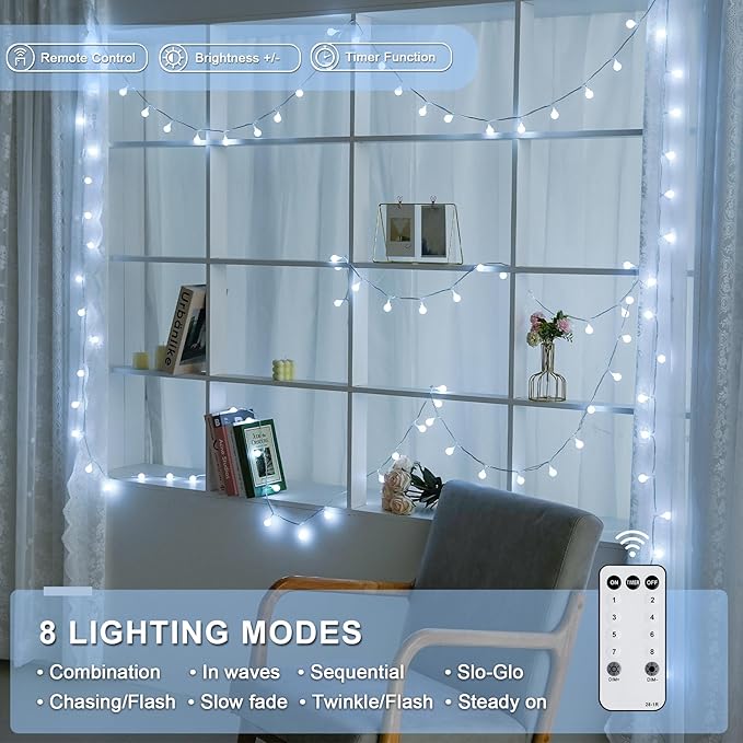 JMEXSUSS 100ft Globe String Lights Indoor Outdoor Waterproof, 200 LED White Christmas Fairy Lights Plug in with Remote, Connectable Hanging Lights for Bedroom Tent Camping Patio Wedding Garden Decor