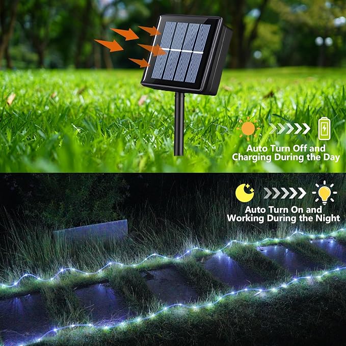 YEGUO 2 Packs Each 33ft 100 LED Solar Rope Lights Outdoor Waterproof, White String Lights for Outside, 8 Modes Fairy Lights in Clear Thin Tube for Camping Fence Patio Garden Trampoline Deck