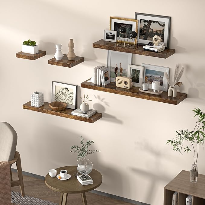 Floating Shelves for Wall, 48"W x 9.3"D x 1.5"H, Wooden Wall Mounted Display Shelf with Invisible Brackets for Living Room, Bedroom, Bathroom, Kitchen Decor and Storage, Set of 1, Rustic Brown