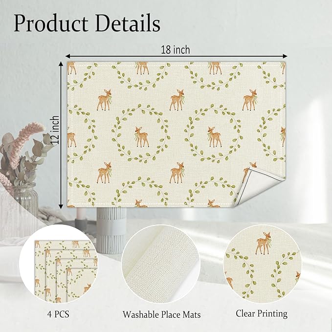 Fawn Themed Placemats Set of 4, Green Leaf Table Mat for Home Kitchen, Restaurants, Outdoor Linen Washable Place Mats 12x18 inch Party Event Dining Decoration-10