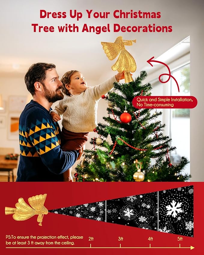 Christmas Angel Tree Topper with Built-in LED Snowflake Projector Lights Hollowed Pentagram Tree Top with Gold Spangles Plated Plug in for Indoor Outdoor Christmas Decorations, Gold