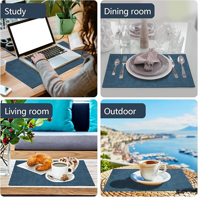 Faux Leather Placemats Set of 6,Heat Resistant Placemats for Dining Table, Easy Clean Non-Slip Place Mats, Waterproof Stain Resistant Wipeable Washable PU Table Mats, (Navy Blue)