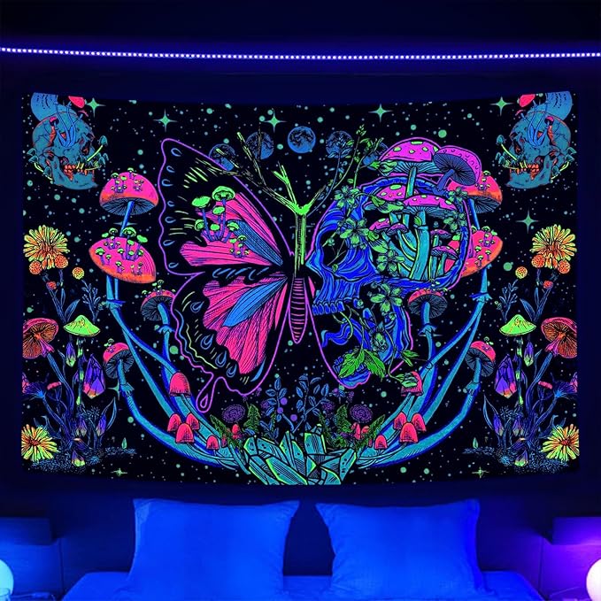 Xiaoput Blacklight Skull Butterfly Tapestry, Trippy UV Reactive Mushroom Wall Hanging Tapestries, Glow in The Dark Hippie Skeleton Aesthetic Moon Tapestry for Living Room Home Dorm Decor 40X30IN
