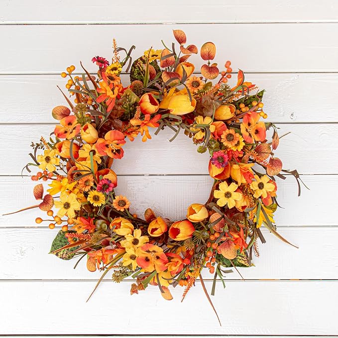 18 Inches Fall Wreaths for Front Door Rustic Autumn Wreath Farmhouse Fall Floral Wreaths with Tulips Phalaenopsis Orange Wildflowers for Wall Window Porch Indoor Outside Decor