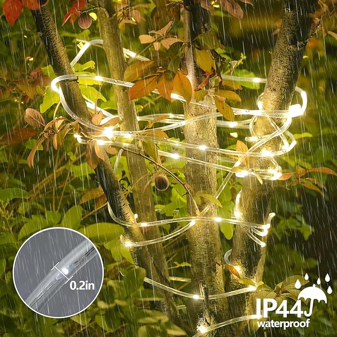YEGUO 2 Packs Each 33ft 100 LED Solar Rope Lights Outdoor Waterproof, Warm White String Lights for Outside, 8 Modes Fairy Lights in Clear Thin Tube for Camping Fence Patio Garden Trampoline Deck