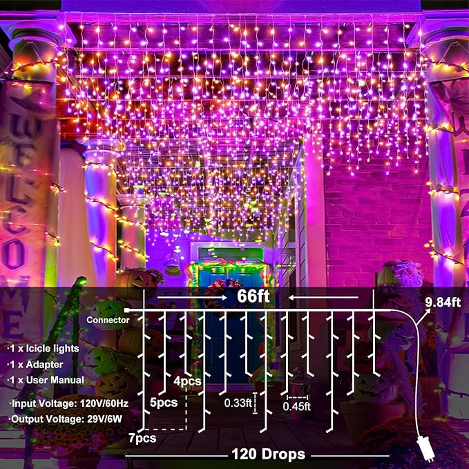 66ft Halloween Lights Outdoor, Orange and Purple Icicle Lights for Outside Indoor, 640 LED Twinkle String Lights with 120 Drops Clear Wire Short Curtain Light for House Party Tree Holiday Yard Decor