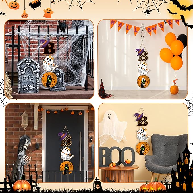 Britimes BOO Halloween Door Sign for Front Door, Halloween Cute Ghost Black Ghost Wall Decorations Wooden Hanging Signs for Home Wall Porch Outdoor Party Decor