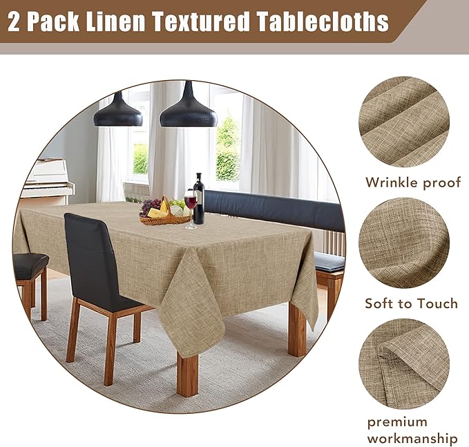 Fitable Square Faux Linen Tablecloths 2 Pack, Faux Burlap Fabric Table Covers for 4 Ft Card/Coffee Table, Holiday Kitchen Dining, Party, Farmhouse (Khaki, 54 x 54 Inch)