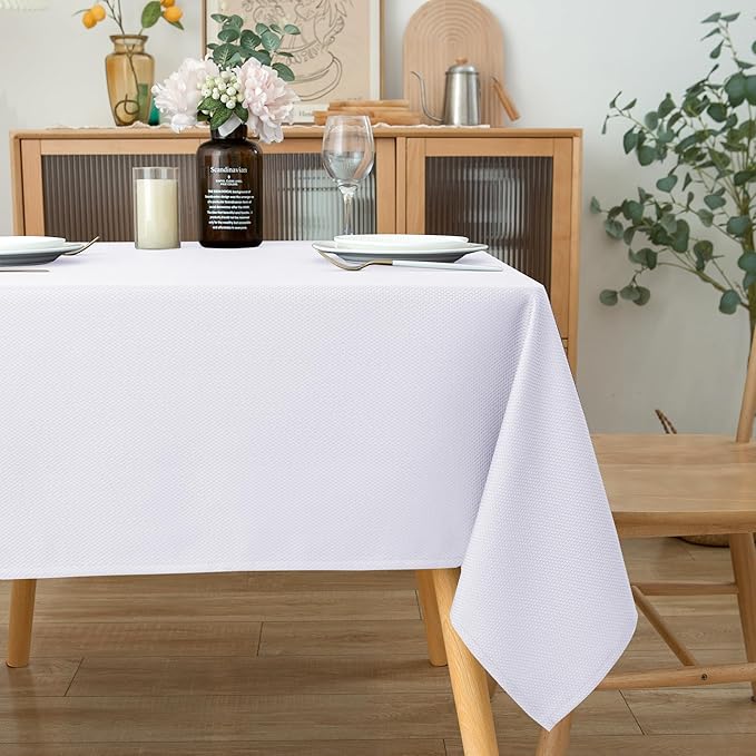 Biscaynebay Textured Fabric Square Tablecloths 90x90 Inches, White Water Resistant Card Table Cloth Folding Table Cover for Dining, Kitchen, Wedding and Parties etc. Machine Washable