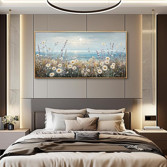 PHAOHUAXM Large Canvas Wall Decoration For Living Room Wall Art For Bedroom Office Decorations Blue Ocean Paintings Flowers Watercolour Wall Pictures Canvas Artworks Home Decor Wood Framed 24x48 In