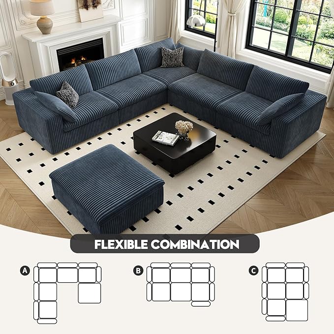 118" Cloud Couch Oversized Modular Sectional Sofa for Living Room,Modern Sofa with Deep Seat,6 Seater Boneless Couch,Comfy Upholstered Corduroy Couches for Apartment, Studio, Office,Bedroom,Blue