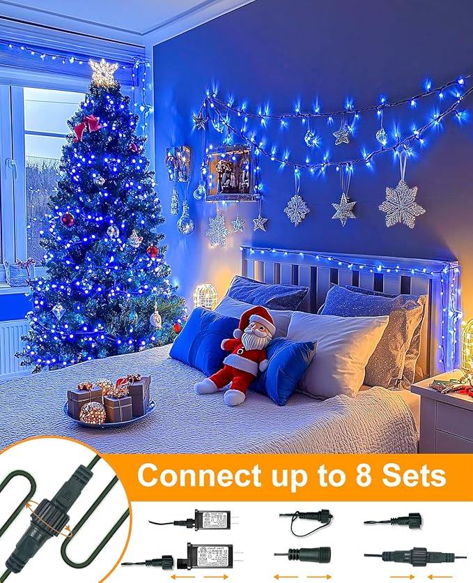 40FT 120 LED Christmas Lights Outdoor, Green Wire Christmas Tree Lights with 8 Modes & Waterproof, Connectable Plug in String Light for Indoor Bedroom Yard Party Wedding Decorations, Blue