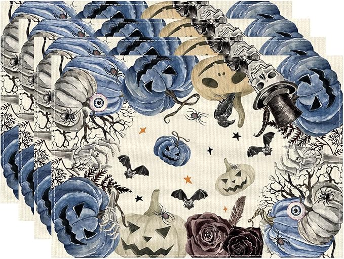 XCHI Spooky Blue Pumpkin Halloween Placemats Set of 4 Table Mats for Party Home Kitchen Dining Table Decorations 12x18 Inch