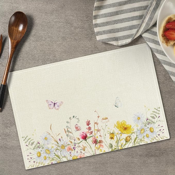 Wildflowers Placemats Set of 4, Floral Table Mat for Home Kitchen, Restaurants, Outdoor Linen Washable Place Mats 12x18 inch Party Event Dining Decoration-11
