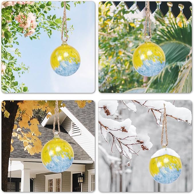 VCUTEKA Hanging Garden Gazing Ball, Hand-Blown Glass Witch Ball for Outdoor Garden Décor, 6" Blue Yellow Swirl