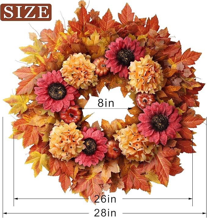 28'' Large Fall Wreath for Front Door, Porch, Window- Artificial Maple Leaves Faux Sunflower Hydrangea Pumpkins Outdoor Autumn Wreath for Home, Farmhouse Wall Thanksgiving Day Harvest Festival Decor