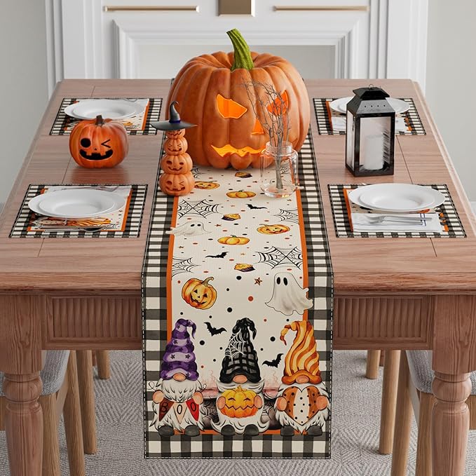 XCHI Spooky Boo Plaid Gnome Halloween Table Runner Party Table Decoration for Home Kitchen Dining Holiday Decor 13x36 Inch
