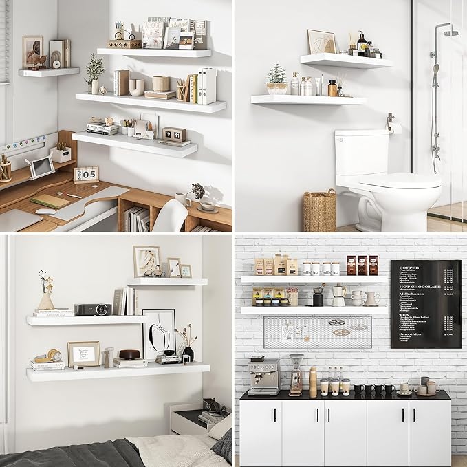 RICHFOCUS 36Inch Floating Shelves for Wall 2 Pack Shelves for Bedroom|Kitchen|Bathroom Wall Mounted Rustic Wood Floating Shelf with Invisible Brackets for Books|Storage|Decor, White