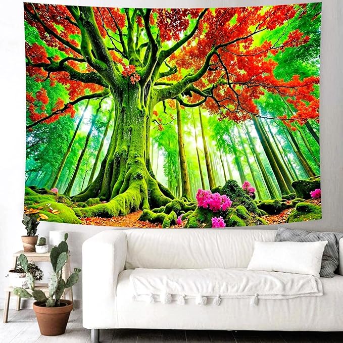 Delur Forest Tapestry Tree of Life Green Landscape Rainforest Wall Hanging Tapestry Colorful Mystical Nature Spiritual Psychedelic Headboard for Bedroom Living Room Home Decor (70.8" x 92.5")