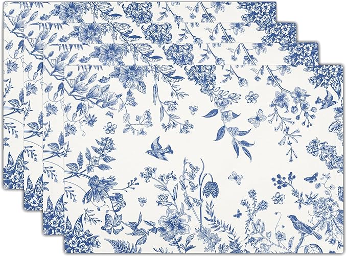 Blue White Floral Placemats Set of 4 Spring Summer Hydrangea Flowers Branches Washable Non-Slip Heat Resistant Place Mats 12x18 Inch Chinoiserie Linen Table Mats for Home Kitchen Dining Party Decor