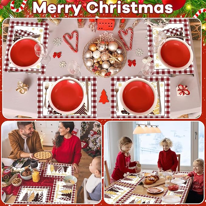 Winter Christmas Placemats Set of 6 Merry Christmas Watercolor Buffalo Plaid Plastic Table Mats Red Gold Xmas Trees Place Mat Holiday Table Decoration for Indoor Outdoor Party Kitchen Dining