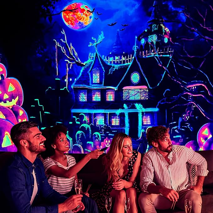OSVINO Blacklight Halloween Castle Tapestry 90"x70" Pumpkins Bats Crosses Backdrop Bedroom Aesthetic Hippie Room Decor Glow in The Dark Wall Poster for Halloween Easter