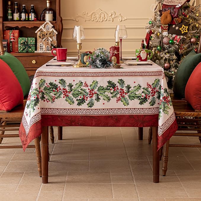 Softalker Christmas Jacquard Rectangle Tablecloth, Winter Vintage Holly Waterproof Table Cloth, Xmas Farmhouse Fabric Table Cover for Holiday, Dining, Party Decor, DHHolly 60 x 120 Inch