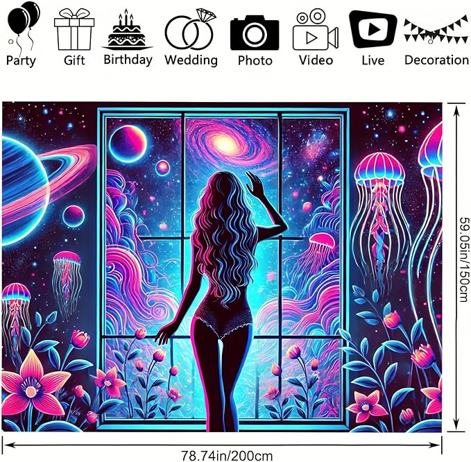 BlissYard Blacklight Tapestry Girl UV Reactive Tapestry 78x59 Inch Black Light Jellyfish Galaxy Planet Decoration Glowing Large Neon Wall Hanging for Living Room Bedroom Decor Teens
