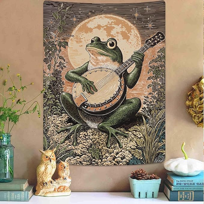 Lunerfex Moonlit Banjo Frog Wall Tapestry, Whimsical Amphibian Musician Tapestries for Room Decor, Folk Art Tapestry 44L x 60W