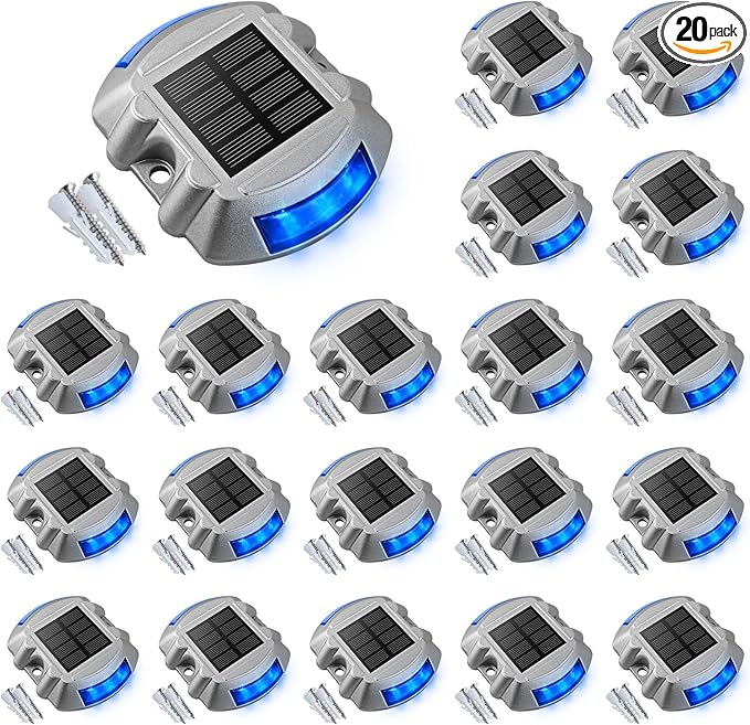 VOLISUN Solar Deck/Dock Lights, 20-Pack Led IP67 Waterproof Outdoor Warning Step Lights for Driveway Sidewalk Garden Pathway Yard (Blue)
