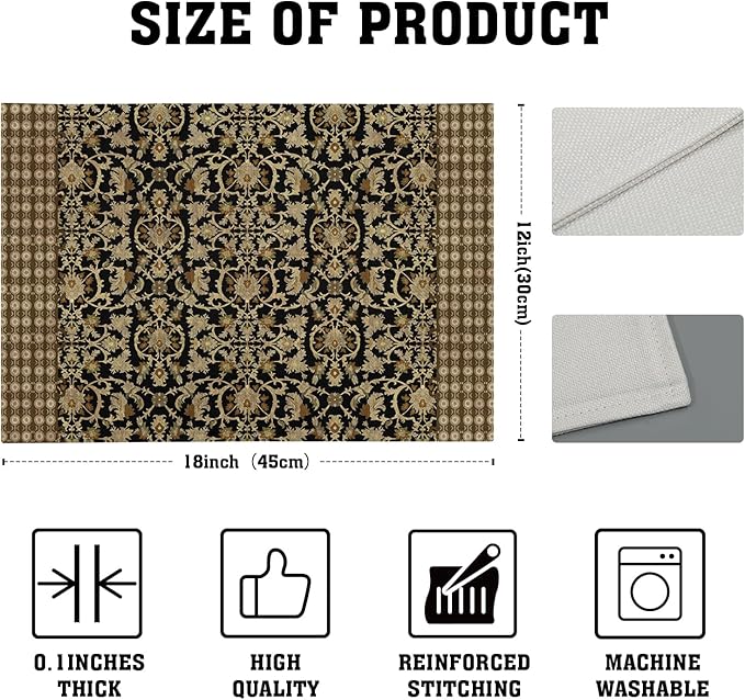 Brown Antique Placemats Set of 4 Vintage Floral Block Print Washable Non-Slip Heat Resistant Place Mats 12x18 Inch Retro Turkish Linen Table Mats for Kitchen Dining Party Decor