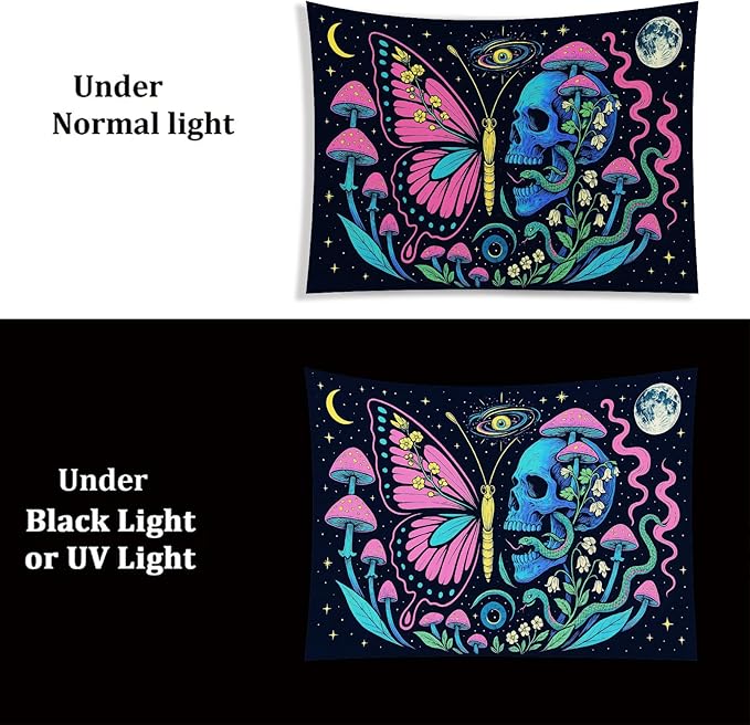 Starlit Patio Butterfly Skull Blacklight Tapestry UV Reactive Wall Hanging Mushrooms Snake and Cosmic Moon for Bedroom Dorm Living Room Glowing Psychedelic Decor Fluorescent Trippy Poster 78 x 59 Inch