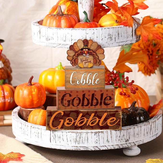 4 Pcs Thanksgiving Fall Decor for Home Cute Turkey Wooden Signs with Sayings Thanksgiving Fall Tiered Tray Decor Turkey Tabletop Centerpiece Gobble Block Signs for Office Kitchen Shelf