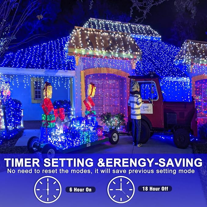120 LED Blue Christmas Lights Outdoor, 40ft Clear Wire Blue String Lights 8 Modes, Plug in Waterproof Fairy String Light for Indoor Christmas Tree Bedroom Decorations