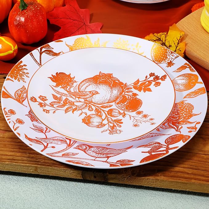 Fall Thanksgiving Disposable Plastic Plates Set for Guests Wildflower Pomegranate Chinoiserie Embossed Vintage Dessert Tableware for Autumn Wedding Party Dinnerware Supplies(80 Pcs)