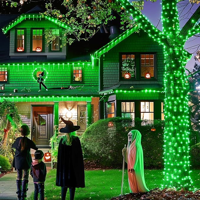 JMEXSUSS 2 Pack Green Halloween Lights, Total 400 LED 151FT Green Solar Lights Outdoor Waterproof, 8 Modes Solar Christmas String Light for Outside Patio Yard Tree Christmas Halloween Decorations