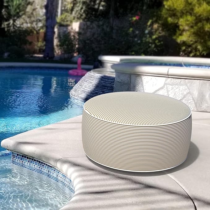 LVTXIII Inflatable Stool Ottoman Footrest with Handle, All Weather Foot Rest, Indoor or Outdoor Use for Home Patio Garden and Camping, D21 x H9, Stripe Beige