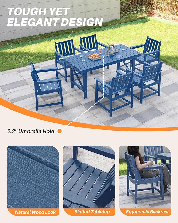 7 Pieces HDPE Outdoor Dining Set, Patio Dining Set with Umbrella Hole, All Weather Outdoor Dining Table Sets for 6, HDPE Patio Furniture Sets for Deck, Backyard, Lawn, and Poolside, Navy