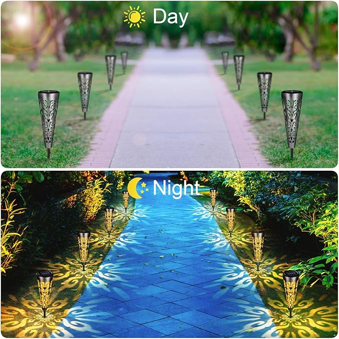 pearlstar Solar Lights Outdoor Garden Decorative Pathway Lights Waterproof Unique LED Solar Stake Lights for Patio Yard Walkway Driveway Landscape Decor, Conical, Warm Lights, Black-6pack
